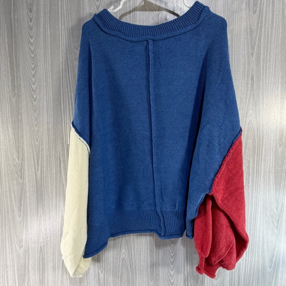 P.O.L. Color Block Exposed Seam Contrast V-Neck Lantern Sleeve Cotton Sweater L - Picture 3 of 8